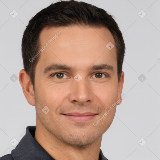 Joyful white young-adult male with short  brown hair and brown eyes