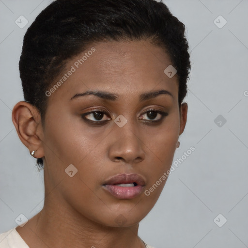 Neutral black young-adult female with short  brown hair and brown eyes