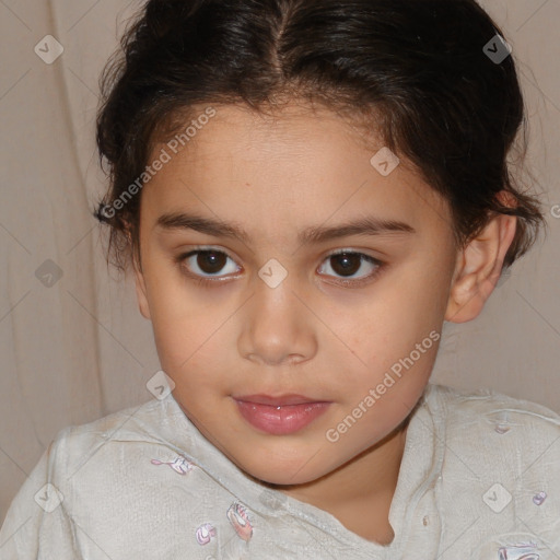 Joyful white child female with medium  brown hair and brown eyes