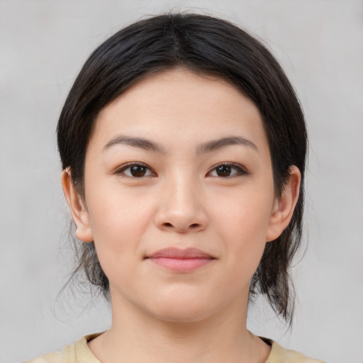 Neutral white young-adult female with medium  brown hair and brown eyes
