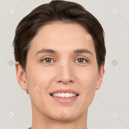 Joyful white young-adult female with short  brown hair and brown eyes