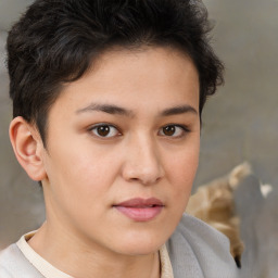 Neutral white young-adult female with short  brown hair and brown eyes