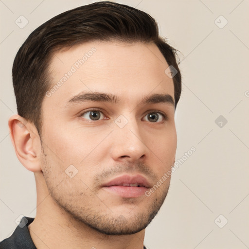 Neutral white young-adult male with short  brown hair and brown eyes