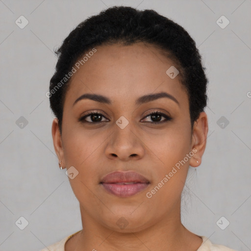 Joyful latino young-adult female with short  brown hair and brown eyes