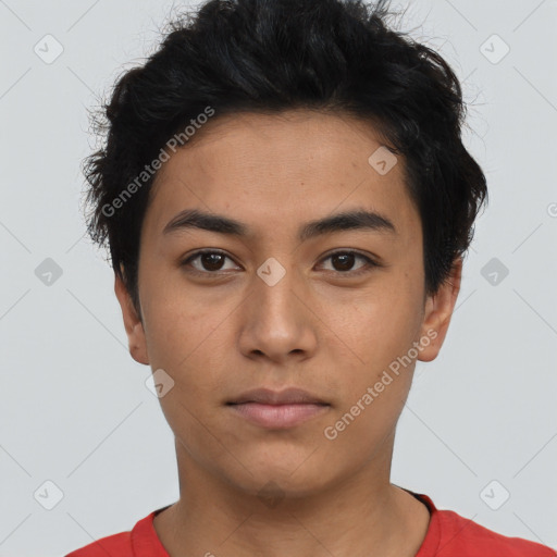 Neutral asian young-adult male with short  black hair and brown eyes