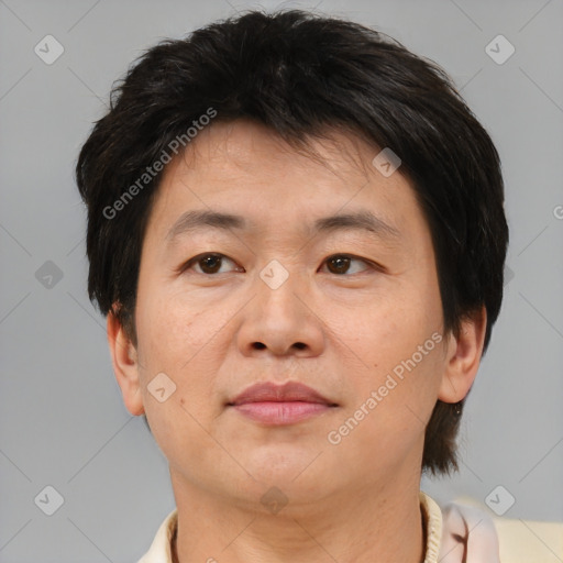 Neutral asian adult male with short  brown hair and brown eyes