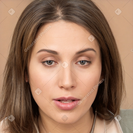 Neutral white young-adult female with long  brown hair and brown eyes