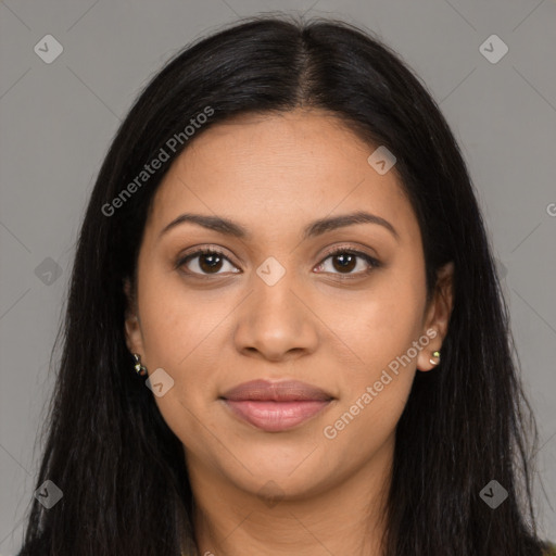 Joyful latino young-adult female with long  brown hair and brown eyes