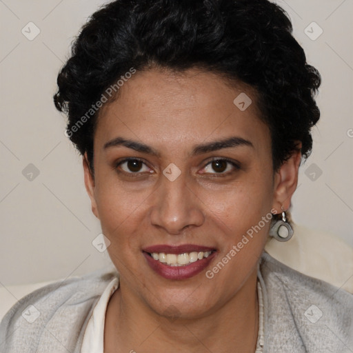 Joyful latino young-adult female with short  brown hair and brown eyes