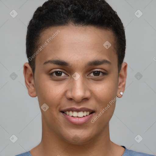 Joyful white young-adult female with short  brown hair and brown eyes