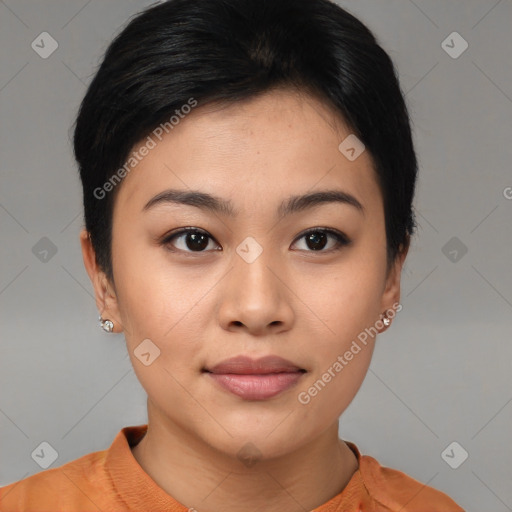 Joyful asian young-adult female with short  brown hair and brown eyes