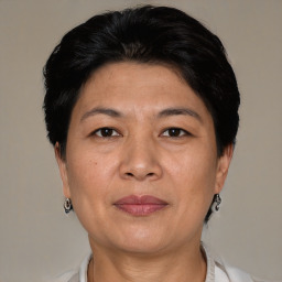 Joyful asian adult female with short  brown hair and brown eyes