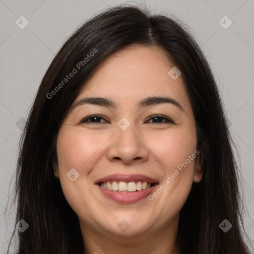 Joyful white young-adult female with long  brown hair and brown eyes