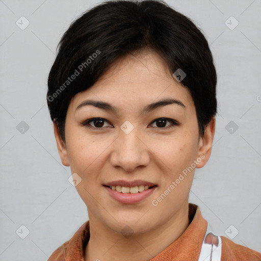 Joyful asian young-adult female with short  brown hair and brown eyes