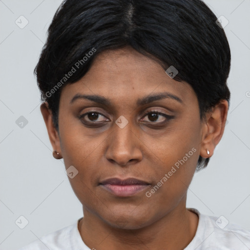 Joyful asian adult female with short  black hair and brown eyes