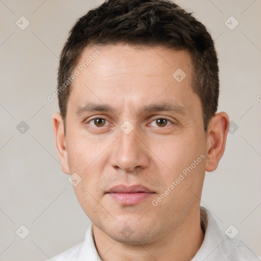 Neutral white adult male with short  brown hair and brown eyes