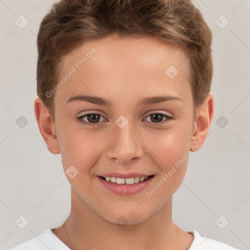 Joyful white child female with short  brown hair and brown eyes