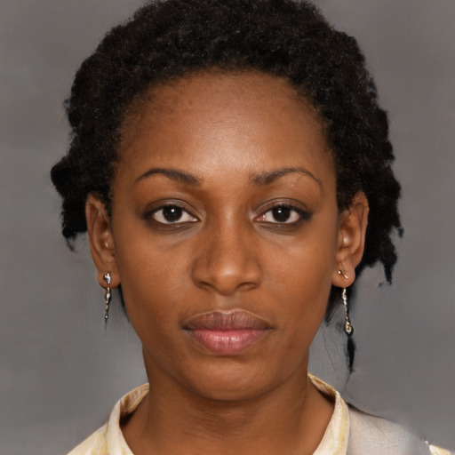 Neutral black young-adult female with short  brown hair and brown eyes