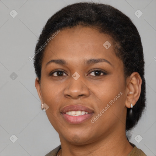 Joyful latino young-adult female with short  brown hair and brown eyes