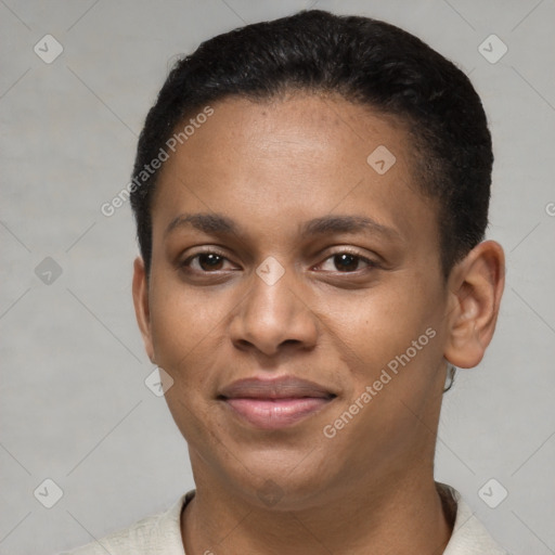 Joyful latino young-adult female with short  brown hair and brown eyes