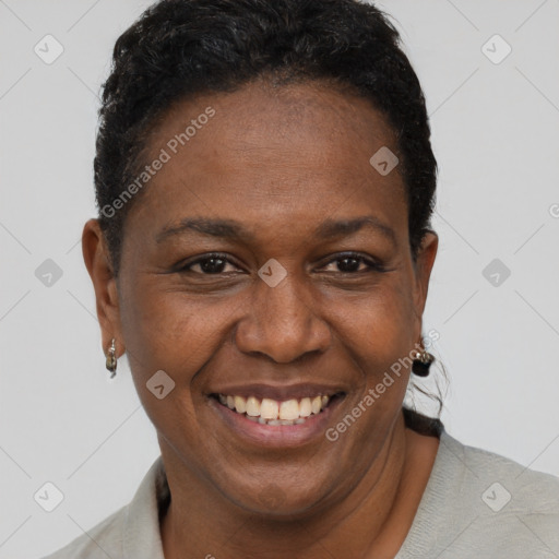 Joyful black adult female with short  brown hair and brown eyes