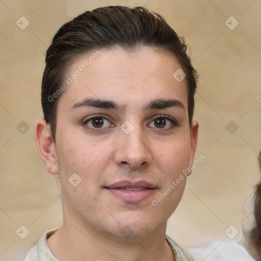 Neutral white young-adult male with short  brown hair and brown eyes