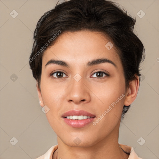 Joyful white young-adult female with short  brown hair and brown eyes