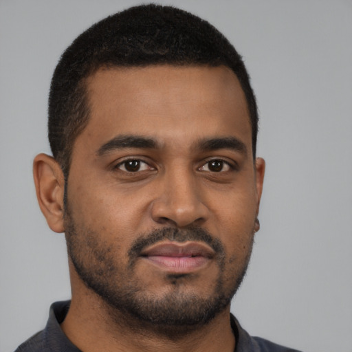 Neutral black young-adult male with short  brown hair and brown eyes