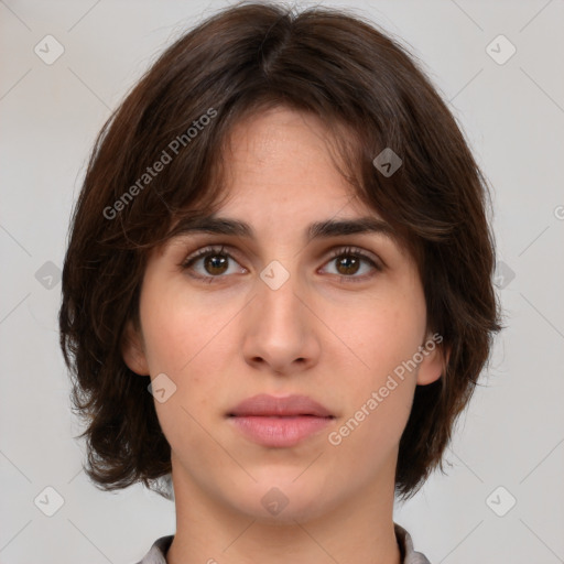 Neutral white young-adult female with medium  brown hair and brown eyes