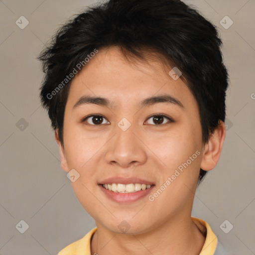 Joyful asian young-adult female with short  brown hair and brown eyes