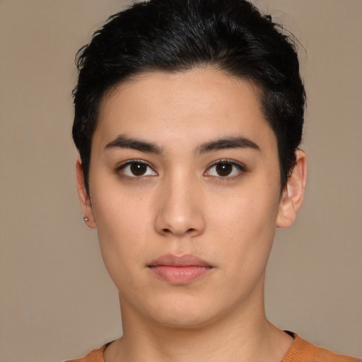 Neutral asian young-adult male with short  brown hair and brown eyes