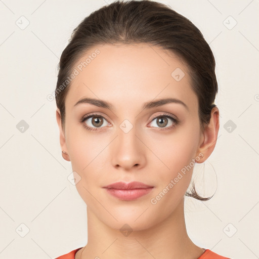 Neutral white young-adult female with medium  brown hair and brown eyes