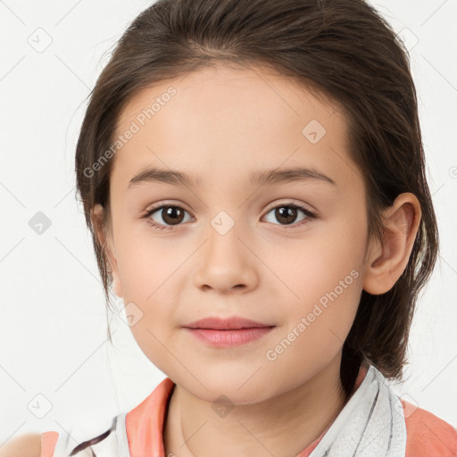 Joyful white child female with medium  brown hair and brown eyes