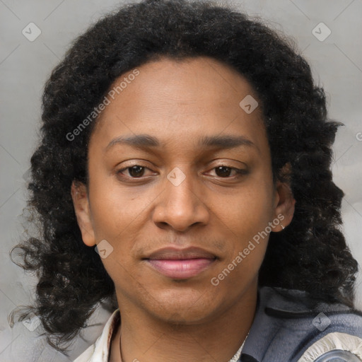 Joyful black young-adult female with medium  brown hair and brown eyes