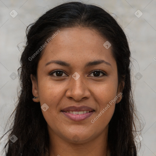 Joyful latino young-adult female with long  brown hair and brown eyes