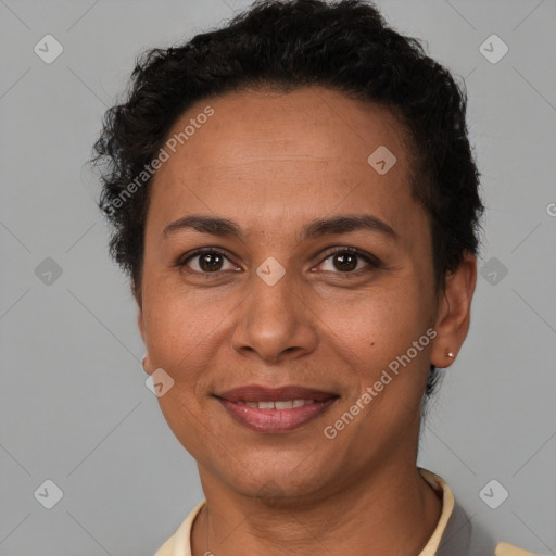 Joyful white adult female with short  brown hair and brown eyes