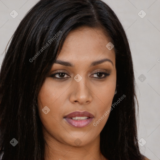 Joyful asian young-adult female with long  black hair and brown eyes