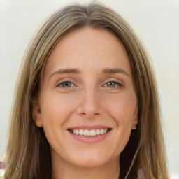 Joyful white young-adult female with long  brown hair and grey eyes