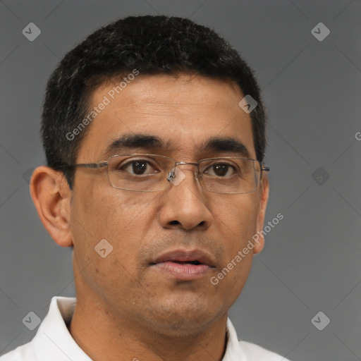 Neutral asian adult male with short  brown hair and brown eyes