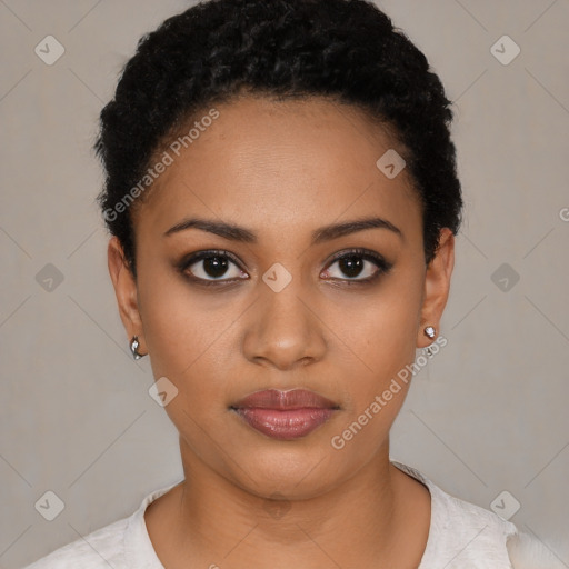 Joyful latino young-adult female with short  black hair and brown eyes