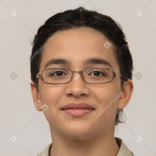 Joyful latino young-adult male with short  brown hair and brown eyes