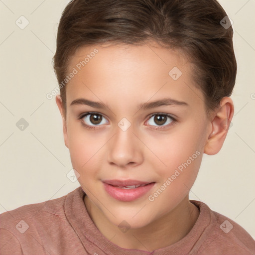 Joyful white child female with short  brown hair and brown eyes