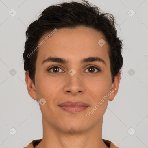 Joyful white young-adult female with short  brown hair and brown eyes