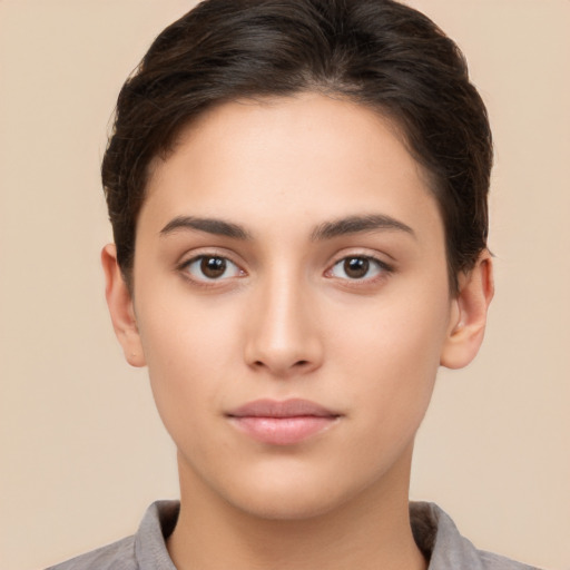 Neutral white young-adult female with short  brown hair and brown eyes