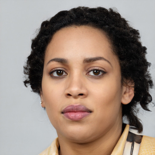 Neutral latino young-adult female with medium  black hair and brown eyes