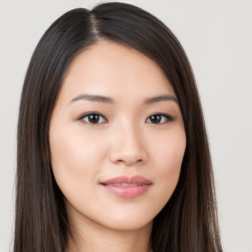 Neutral asian young-adult female with long  brown hair and brown eyes