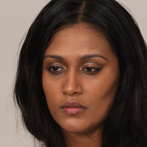 Neutral asian young-adult female with long  black hair and brown eyes