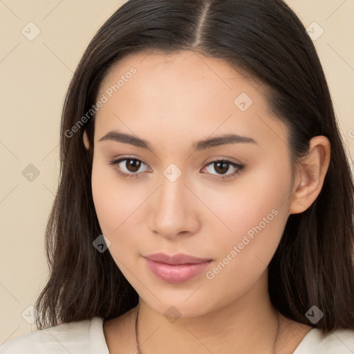 Neutral white young-adult female with long  brown hair and brown eyes