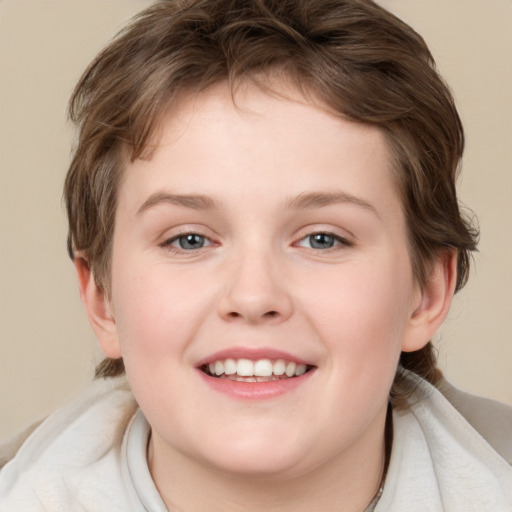 Joyful white child female with medium  brown hair and brown eyes