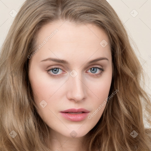 Neutral white young-adult female with long  brown hair and blue eyes